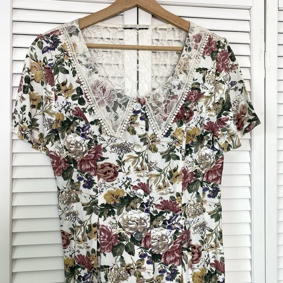 Vintage Dresses & Skirts - Vtg 80s Midi Dress Small Floral Cottagecore Prairie Lace Feminine Romantic Chic